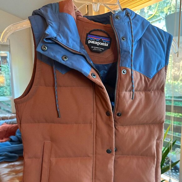 Patagonia Bivy Hooded Down Vest - Orange & Navy - Picture 1 of 5